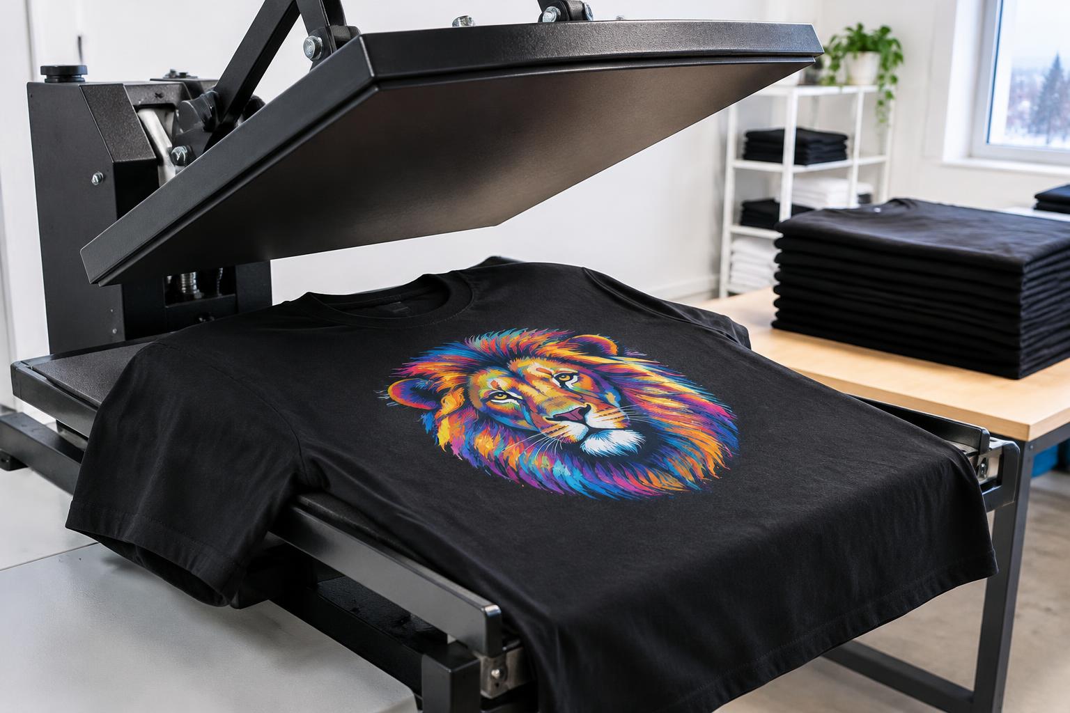 A colorful DTF lion transfer on a black T-shirt under a heat press