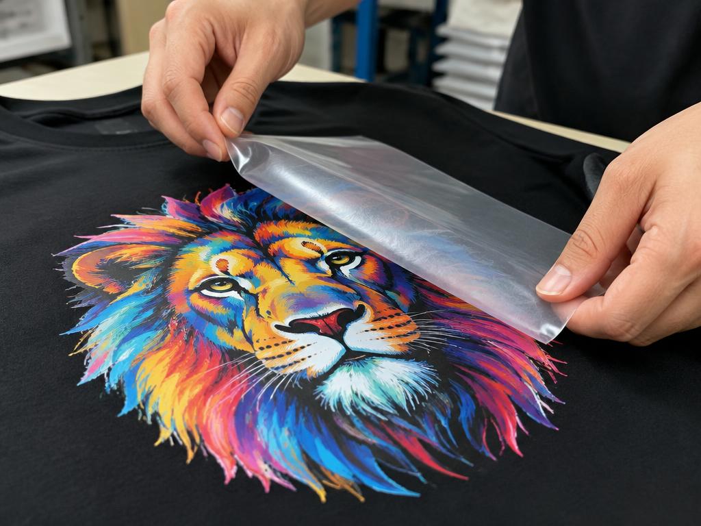 Peeling the transfer film from a freshly pressed T-shirt